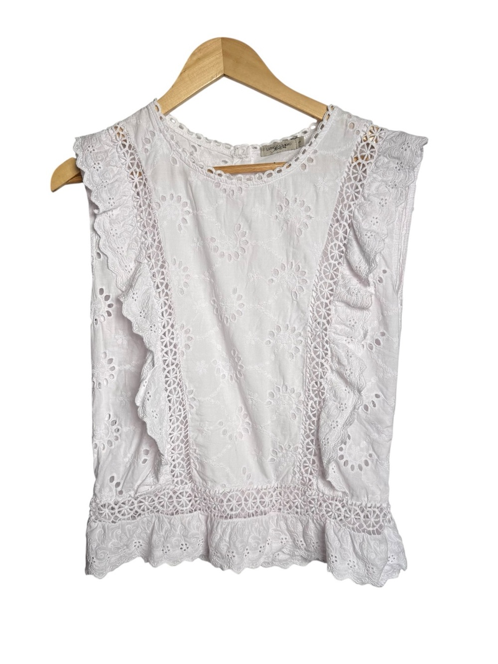 Lungo L’Arno Broderie Angleaise Eyelet Blouse Size Small White Sleeveless Italy
